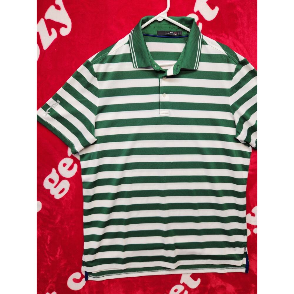 RLX Ralph Lauren Polo Shirt Mens Large Green White Striped Golf Performance